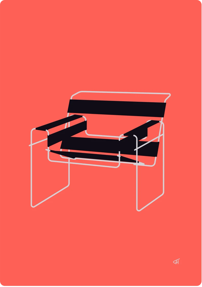 Illustration Wassily chair — modern tubular steel frame with black leather straps on coral‑red