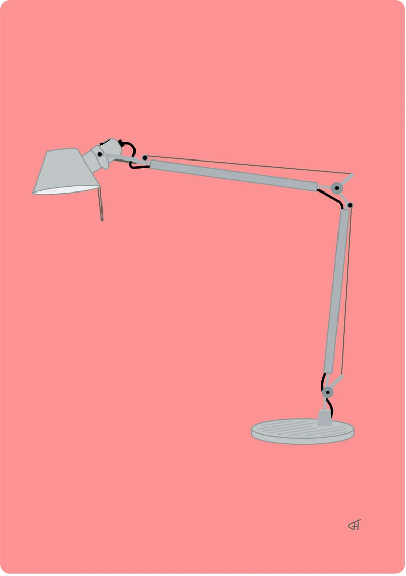 Illustration Artemide Tolomeo — slim articulated desk lamp in cool light‑gray on coral‑pink
