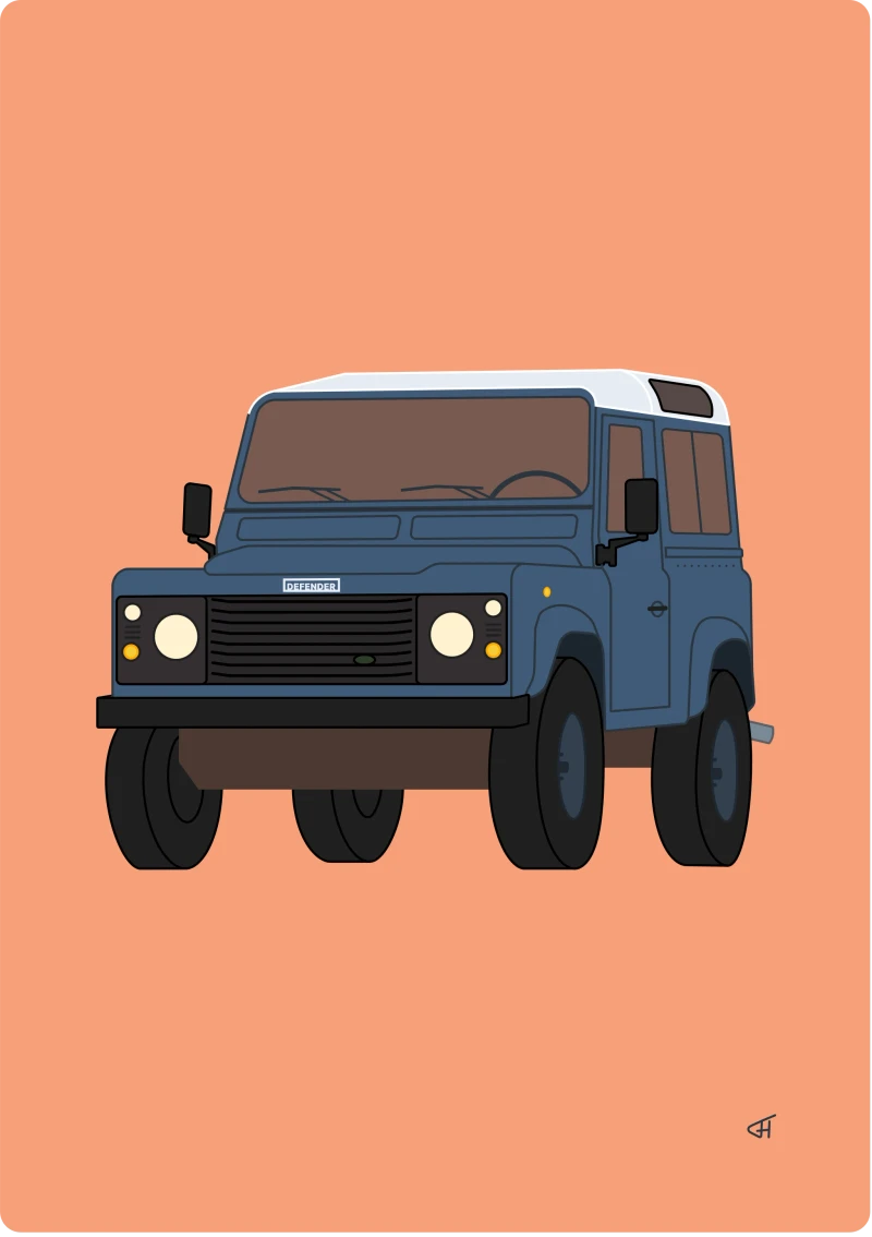 Illustration Defender 90 — matte denim‑blue off‑road SUV on apricot‑orange