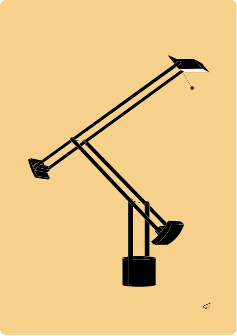 Illustration Artemide Tizi — black adjustable anglepoise desk lamp silhouette on muted mustard