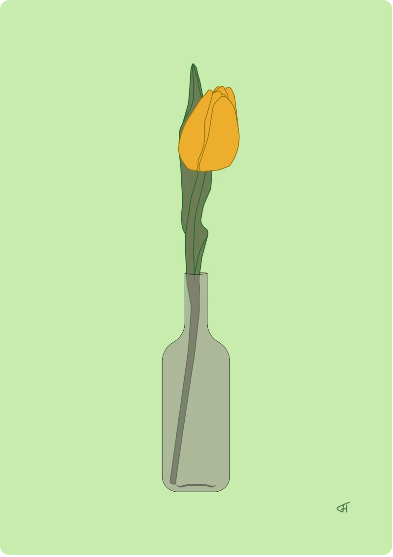 Illustration yellow Tulip in a translucent glass bottle on pale mint‑green