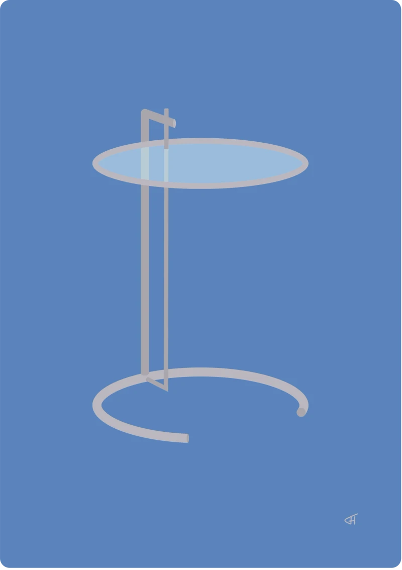 Illustration E1027 table — pale sky‑blue round side table with thin silver legs on cornflower‑blue