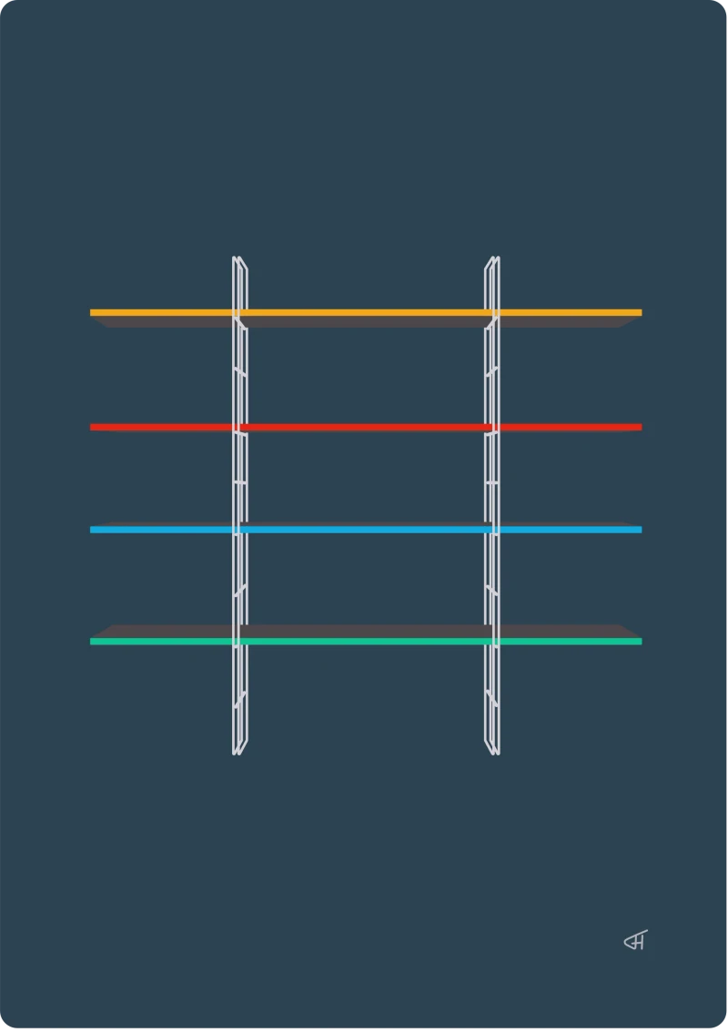 Illustration IKEA Enetri — minimalist wall shelving with orange, red, blue and green planks on deep slate‑blue