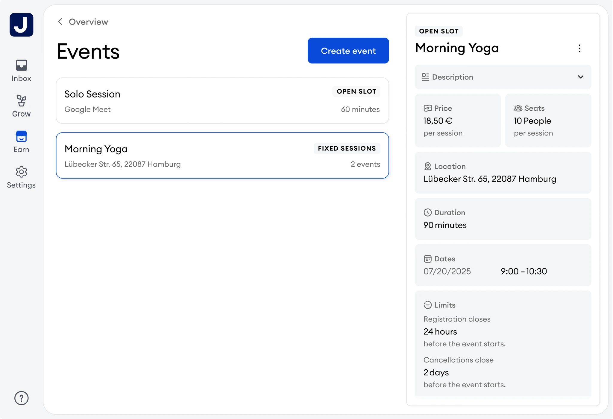 Jimdo booking product screen